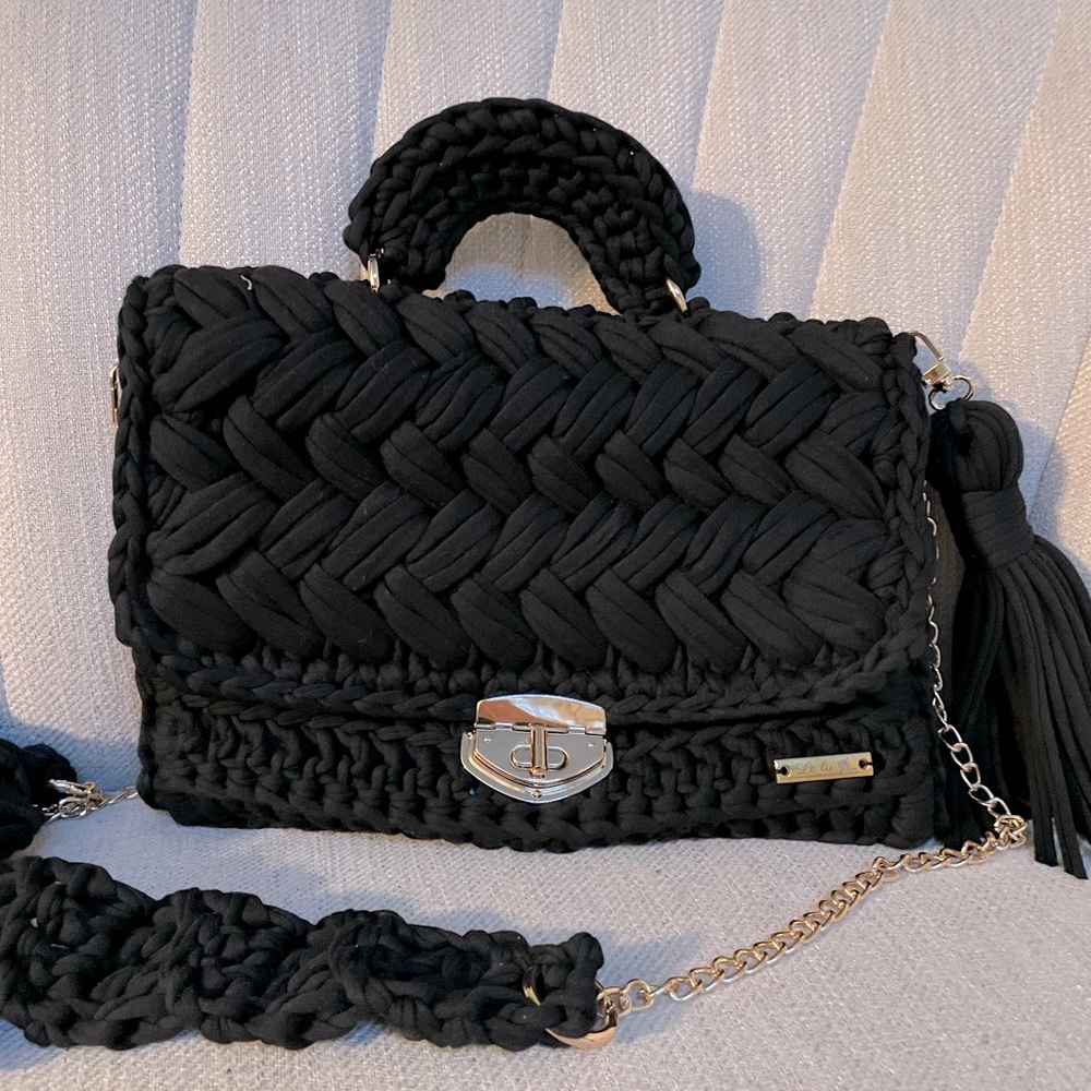 Black Hand Crocheted Crossbody Bag